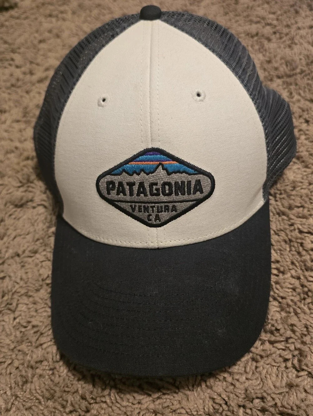 Patagonia Ventura CA Fitz Roy Crest LoPro Trucker Hat Snapback Cap Cream Blue